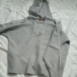 Belldini Light Gray Knit Hooded Top with Embellished Shoulders